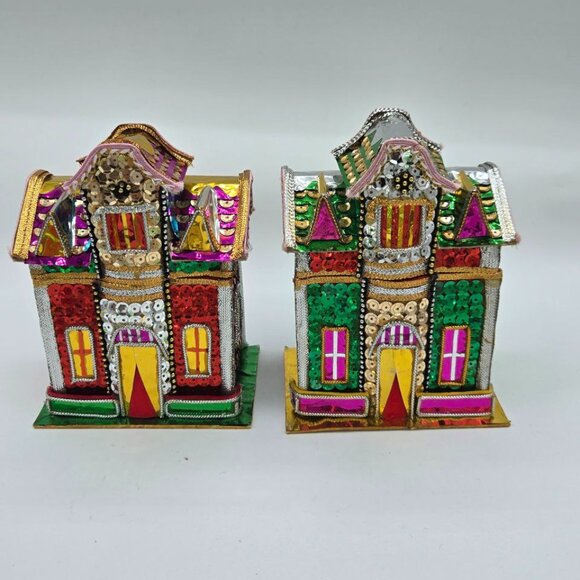 Lot of 5 Vintage The Bombay Company Christmas Putz Sequin Trinket Box Houses - Picture 3 of 16